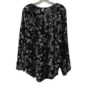 Old Navy Women's Peasant Blouse Size XXL Floral Boho Black White Long Sleeve